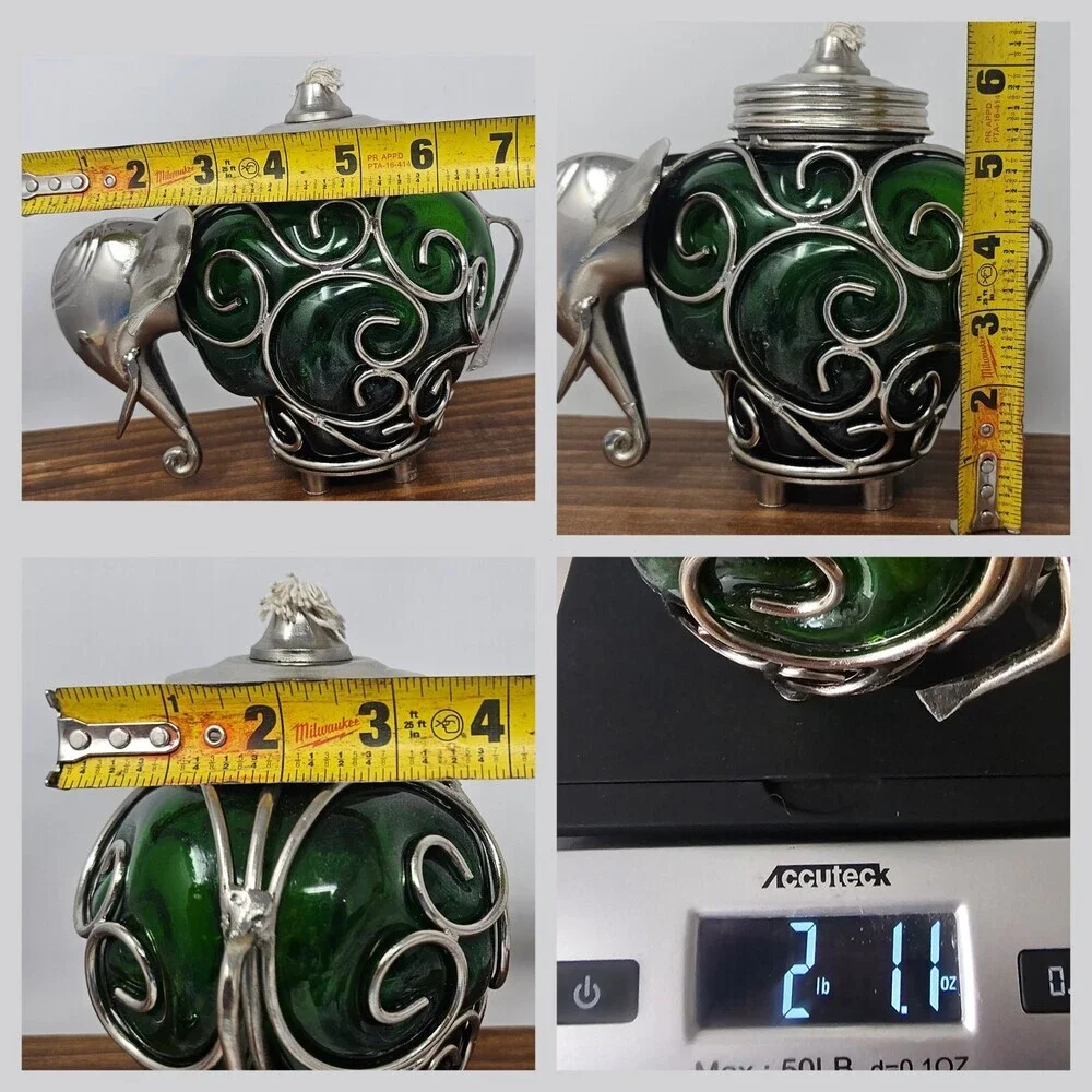 Beautiful Wisdom Of The Elephants Green Glass Boho Oil Lamp Displayed Only 7